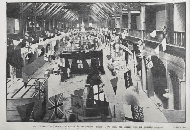 NEW ZEALAND'S INTERNATIONAL EXHIBITION AT CHRISTCHURCH: LOOKING DOWN FROM THE GALLERY INTO THE SOUTHERN CORRIDOR, 1906