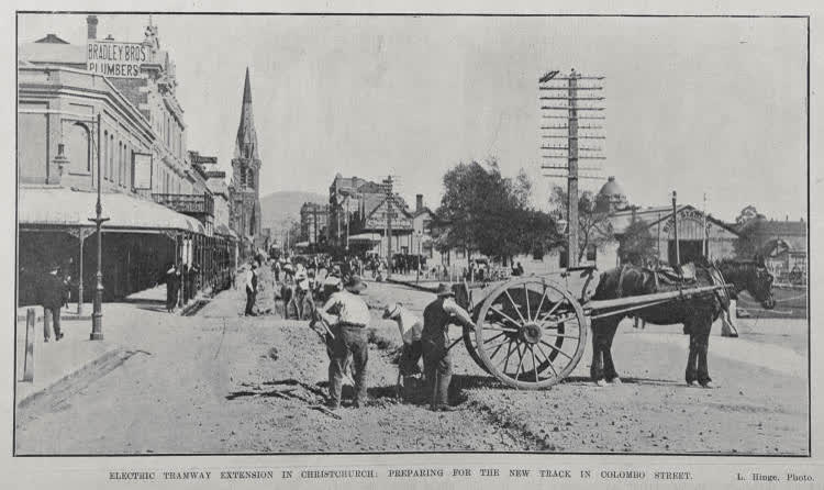 ELECTRIC TRAMWAY EXTENSION IN CHRISTCHURCH: PREPARING FOR THE NEW TRACK IN COLOMBO STREET, 1906