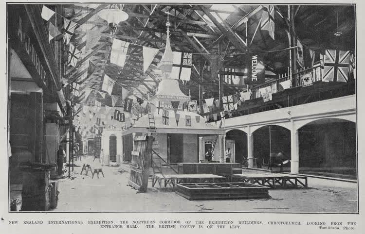 NEW ZEALAND'S INTERNATIONAL EXHIBITION: THE NORTHERN CORRIDOR OF THE EXHIBITION BUILDINGS, CHRISTCHURCH, LOOKING FROM THE ENTRANCE HALL, THE BRITISH COUIRT IS ON THE LEFT, 1906
