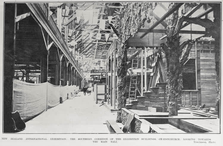 NEW ZEALAND'S INTERNATIONAL EXHIBITION: THE SOUTHERN CORRIDOR OF THE EXHIBITION BUILDINGS, CHRISTCHURCH, LOOKING TOWARDS THE MAIN HALL, 1906