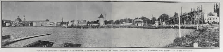 NEW ZEALAND INTERNATIONAL EXHIBITION AT CHRISTCHURCH: A PANORAMIC VIEW SHOWING THE NEWLY COMPLETED BUILDINGS AND THE WONDERLAND, WITH VICTORIA LAKE IN THE FOREGROUND, 1906