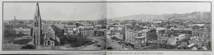 FORCE OF THE WIND. NEW ZEALAND'S EXHIBITION CITY: A PANORAMIC VIEW OF CHRISTCHURCH, SHOWING THE CATRHEDRAL ON THE LEFT, AND THE PORT HILLS IN THE DISTANCE, 1906