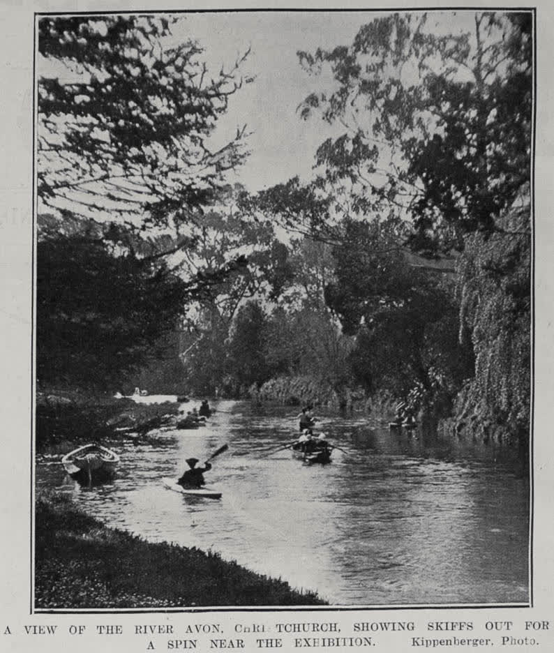 A VIEW OF THE RIVER AVON, CHRISTCHURCH, SHOWING SKIFFS OUT FOR A SPIN NEAR THE EXHIBITION, 1906