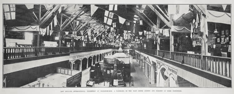 NEW ZEALAND INTERNATIONAL EXHIBITION AT CHRISTCHURCH: A PANORAMA OF THE MAIN SOUTH AVENUE AND GALLERY OF HOME INDUSTRISE, 1906