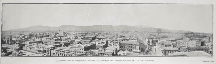 A PANORAMIC VIEW OF CHRISTCHURCH, NEW ZEALAND'S EXHIBITION CITY, SHOWING THE PORT HILLS IN THE BACKGROUND, 1906