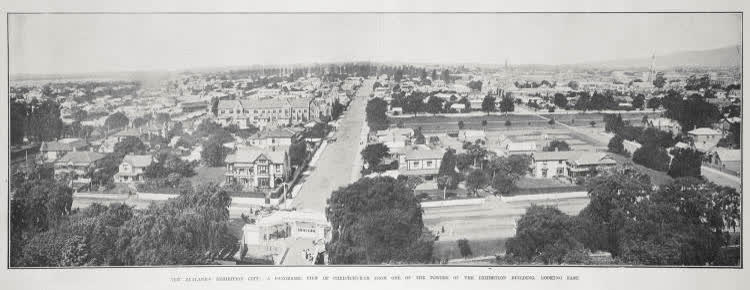 NEW ZEALAND'S EXHIBITION CITY: A PANORAMIC VIEW OF CHRISTCHURCH FROM ONE OF THE EXHIBITION BUILDING, LOOKING EAST, 1906