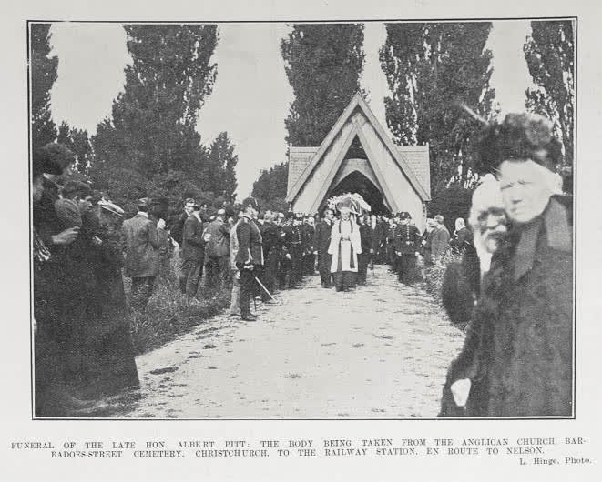 FUNERAL OF THE LATE HON. ALBERT PITT: THE BODY BEING TAKEN FROM THE ANGLICAN CHURCH BAR-BADOES-STREET CEMETERY, CHRISTCHURCH, TO THE RAILWAY STATION, EN ROUTE TO NELSON, 1906