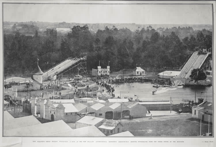 NEW ZEALAND'S GREAT HOLIDAY ATTRACTION. A VIEW AT THE NEW ZEALAND INTERNATIONAL EXHIBITION CHRISTCHURCH, SHOWING WONDERLAND FROM THE NORTH TOWER OF THE BUILDING, 1906
