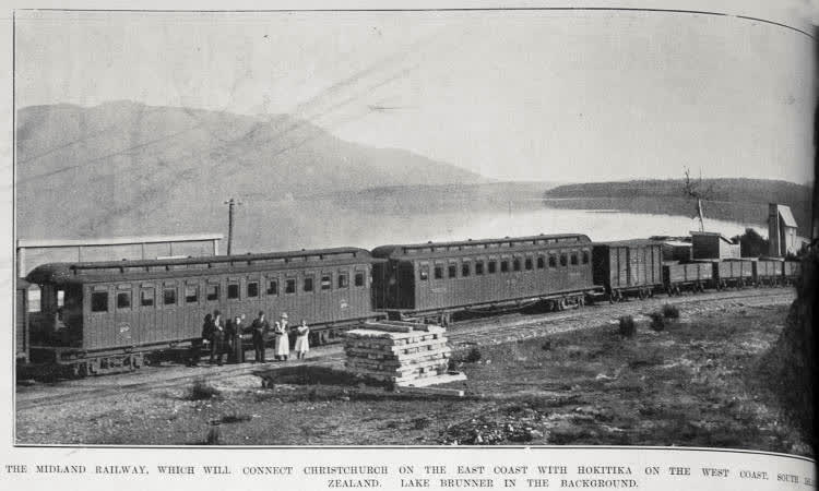 The Midland railway, which will connect Christchurch on the east coast with Hokitika on the west coast, South Island, Lake Brunner in the background, 1902