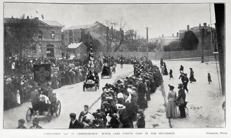 Coronation day in Christchurch with cars taking part in the procession, 1902