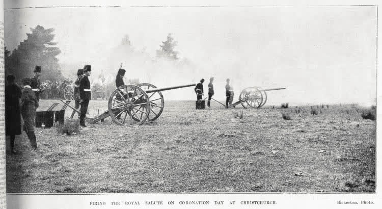 Firing of the royal salute on coronation day in Christchurch, 1902