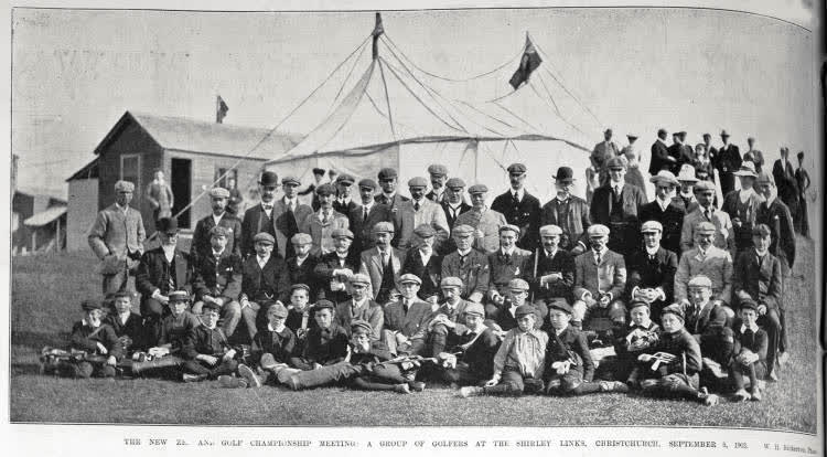 Group of golfers at the New Zealand Golf championship at Shirley links, Christchurch, 5 September 1902, 1902