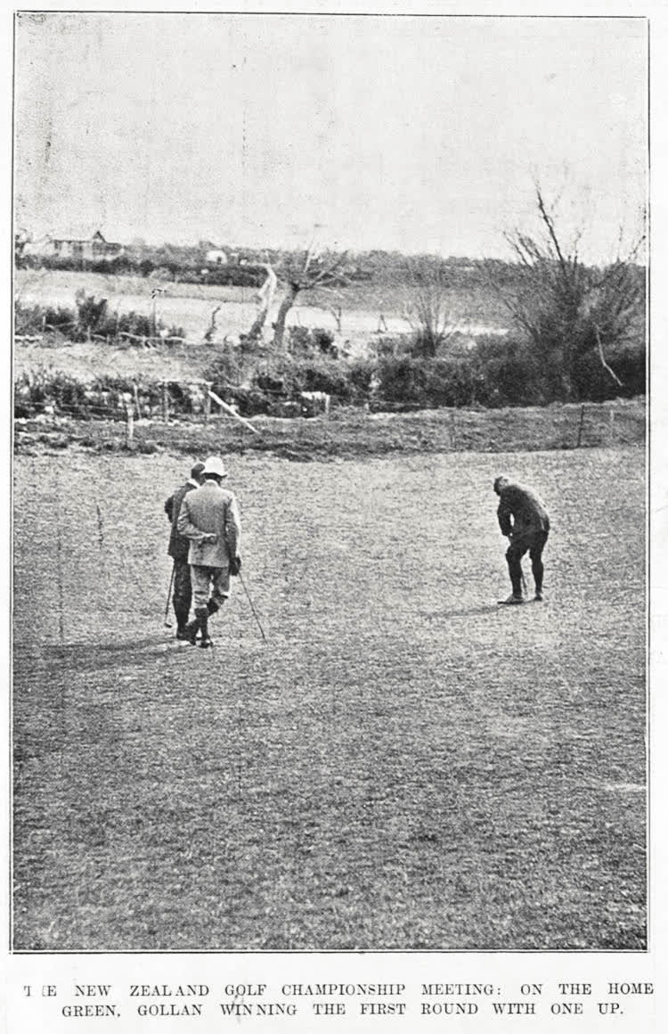 Gollan on the home green winning the first round with one up at the New Zealand Golf championship, 1902