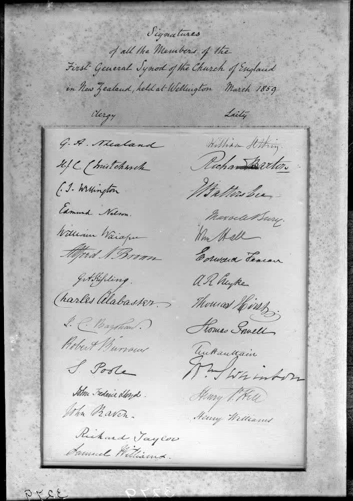 Signatures of members of the First General Synod of the Church of England in NZ, 1859, 1850