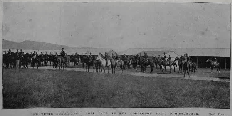 The Third Contingent: Roll call at the Addington camp, Christchurch, 1900