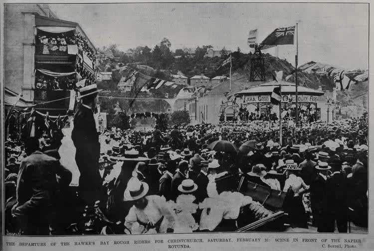 The departure of the Hawke's Bay rough riders for Christchurch, Saturday February 10, 1900