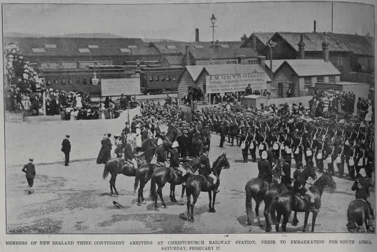 Members of the 3rd New Zealand Contingent arriving at Christchurch Railway station, 1900
