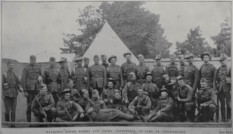Wanganui Rough Riders for the 3rd New Zealand Contingent in camp at Christchurch, 1900