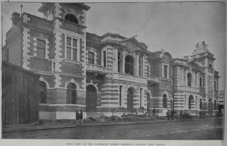 Front view of the Canterbury Jubilee Exhibition building, Christchurch, 1900