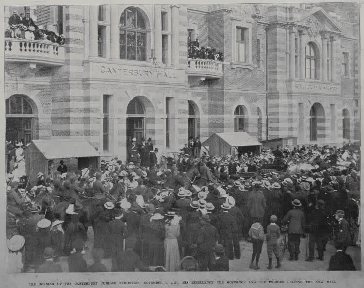 The opening of the Canterbury Jubilee building on 1 November 1900, with His Excellency the Governor and the Premier leaving the building, 1900