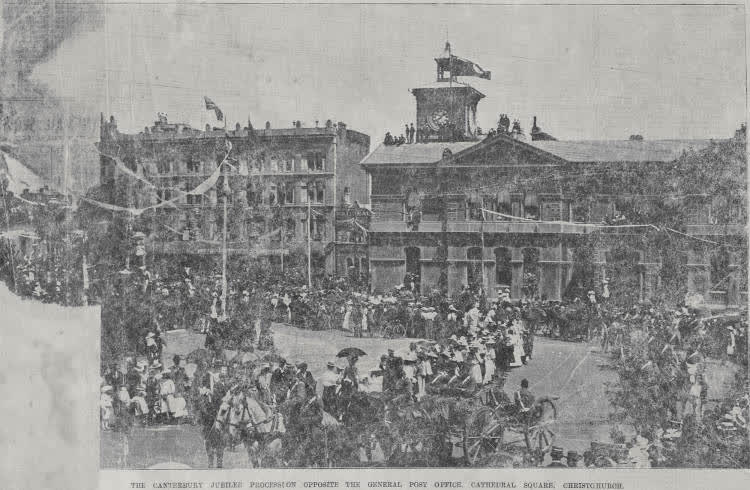 The Canterbury Jubilee procession opposite the General Post Office, Cathedral Square, Christchurch, 1900