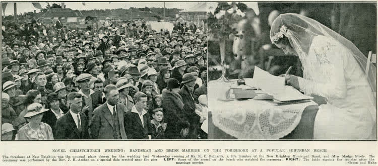 Novel Christchurch wedding: bandsman and bride married on the foreshore at a popular suburban beach, 1935