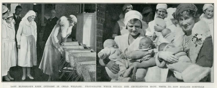 Lady Bledisloe's keen interest in child welfare: photographs which recall Her Excellency's many visits to New Zealand hospitals, 1935