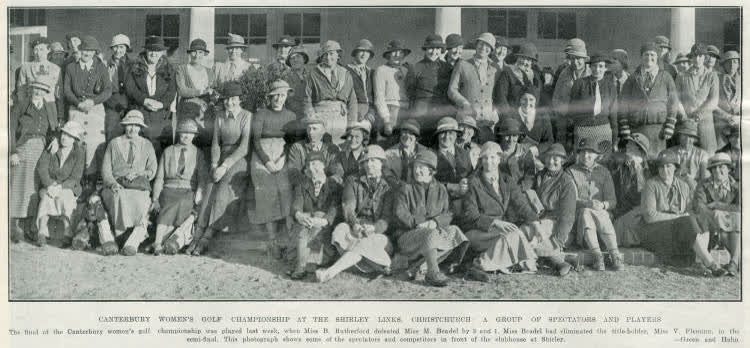 Canterbury women's golf championship at the Shirley Links, Christchurch: a group of spectators and players, 1935
