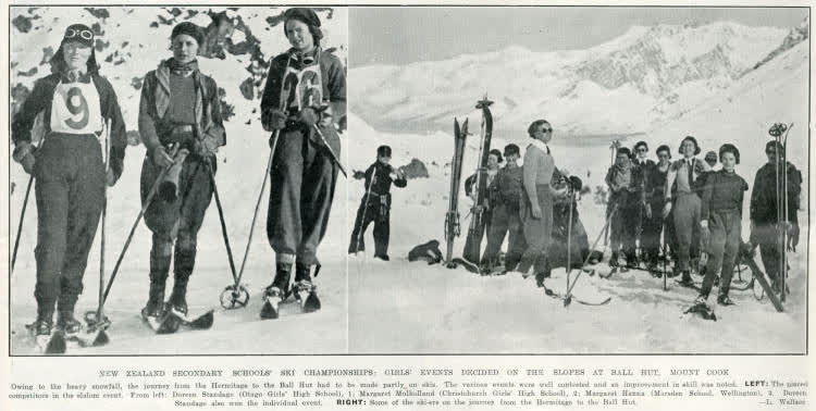 New Zealand secondary schools' ski championships: girls' events decided on the slopes at Ball Hut, Mount Cook, 1935