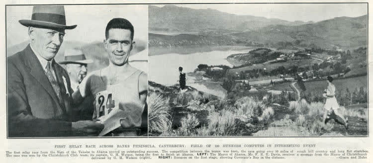 First relay race across Banks Peninsula, Canterbury: field of 120 runners competes in interesting event, 1935
