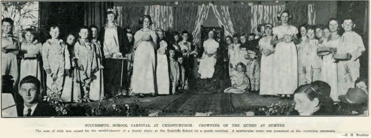 Successful school carnival at Christchurch: crowning of the Queen at Sumner, 1935