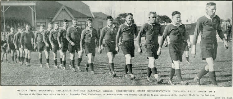 Otago's first successful challenge for the Ranfurly Shield: Canterbury's rugby representatives defeated by 15 points to 6, 1935