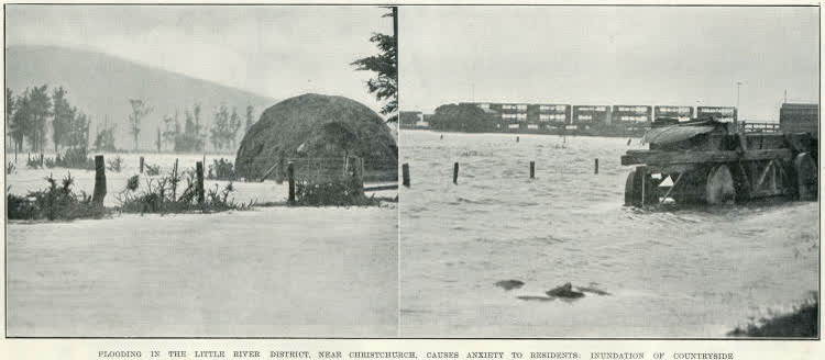 Flooding in the Little River district, near Christchurch, causes anxiety to residents: inundation of countryside, 1936