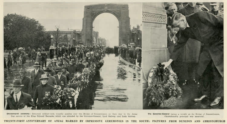 Twenty-first anniversary of Anzac marked by impressive ceremonies in the south: pictures from Dunedin and Christchurch, 1936