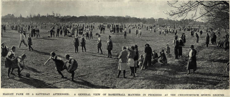 Hagley Park on a Saturday afternoon: a general view of basketball matches in progress at the Christchurch sports ground, 1936