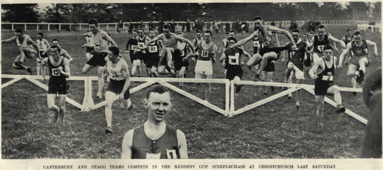 Canterbury and Otago teams compete in the Kennett Cup steeplechase at Christchurch last Saturday, 1936