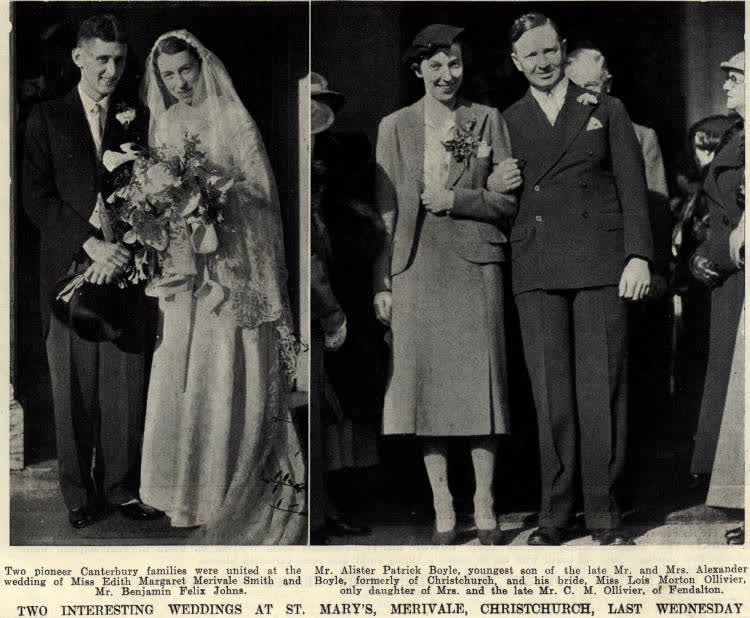 Two interesting weddings at St. Mary's Merivale, Christchurch, last Wednesday, 1936
