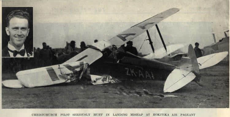 Christchurch pilot seriously hurt in landing mishap at Hokitika air pageant, 1937