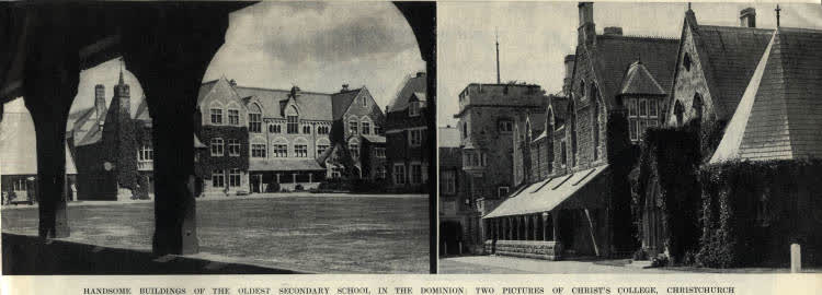Handsome buildings of the oldest secondary school in the Dominion: two pictures of Christ's College, Christchurch, 1937