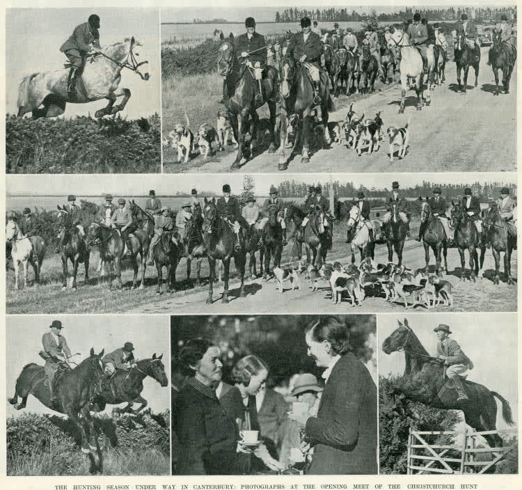 The hunting season under way in Canterbury: photographs at the opening meet of the Christchurch hunt, 1937