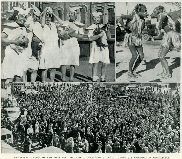 Canterbury College students have fun and amuse a large crowd: annual Capping Day procession in Christchurch, 1937