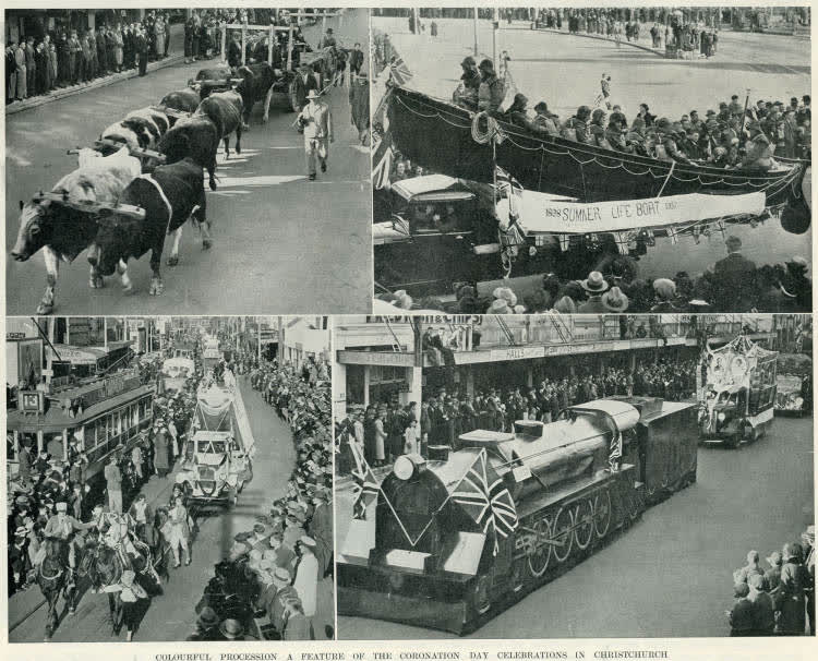 Colourful procession a feature of the Coronation Day celebrations in Christchurch, 1937