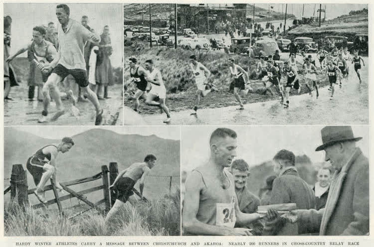 Hardy winter athletes carry a message between Christchurch and Akaroa: nearly 200 runners in cross country relay race, 1937