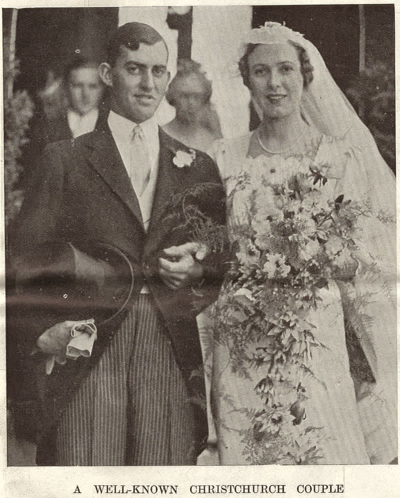 Mr. Thomas H. Rutherford and his wife Mrs Agnes Rutherford after their marriage at St, Luke's Church in Christchurch, 1938