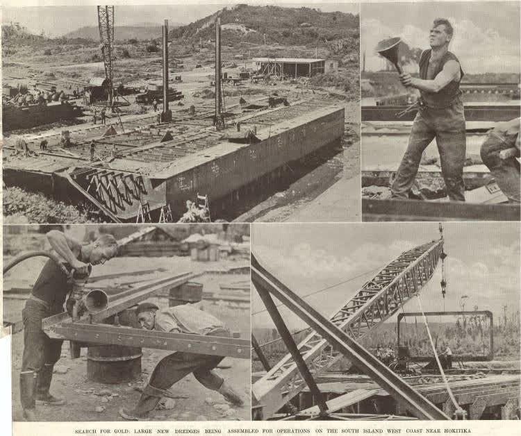 Two large dredges being assembled for gold-mining at Kanieri and Arahua, 1938