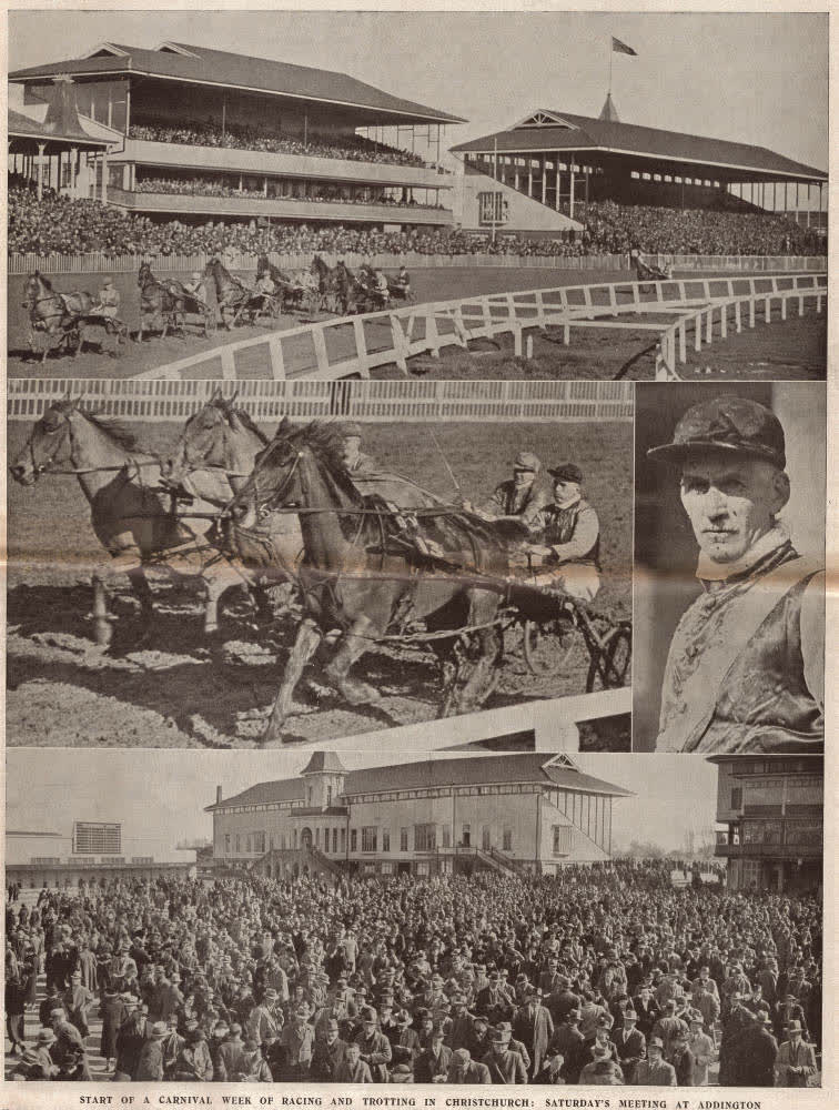 Start of a carnival week of racing and trotting in Christchurch: Saturday's meeting at Addington, 1938