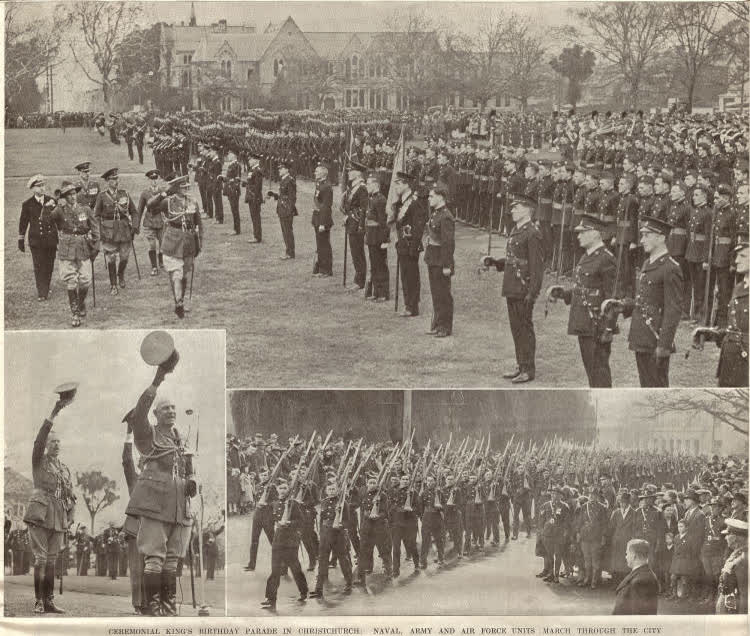 Ceremonial King's Birthday parade in Christchurch: naval, army and air force units march through the city, 1939