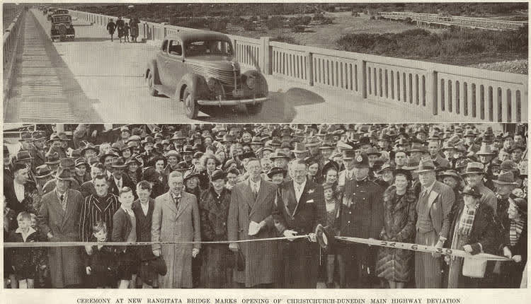 Ceremony at new Rangitata Bridge marks opening of Christchurch-Dunedin main highway deviation, 1939