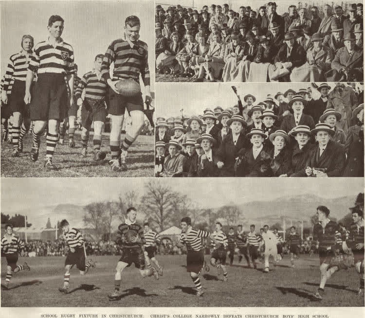 School rugby fixture in Christchurch: Christ's College narrowly defeats Christchurch Boys' High school, 1939