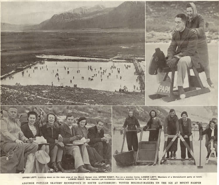 Another popular skater's rendezvous in South Canterbury: Winter holidaymakers on the ice at Mount Harper, 1939